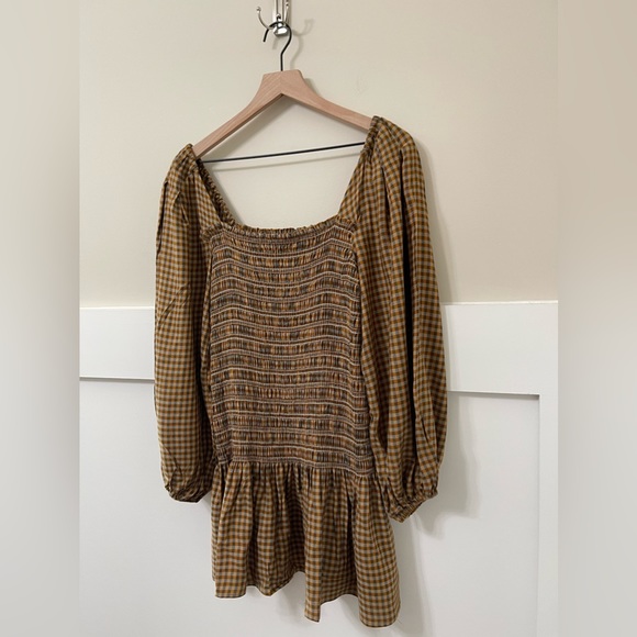 Urban Outfitters Cognac Brown Francis Plaid Puff Sleeve Mini Dress Size Medium - Picture 5 of 11